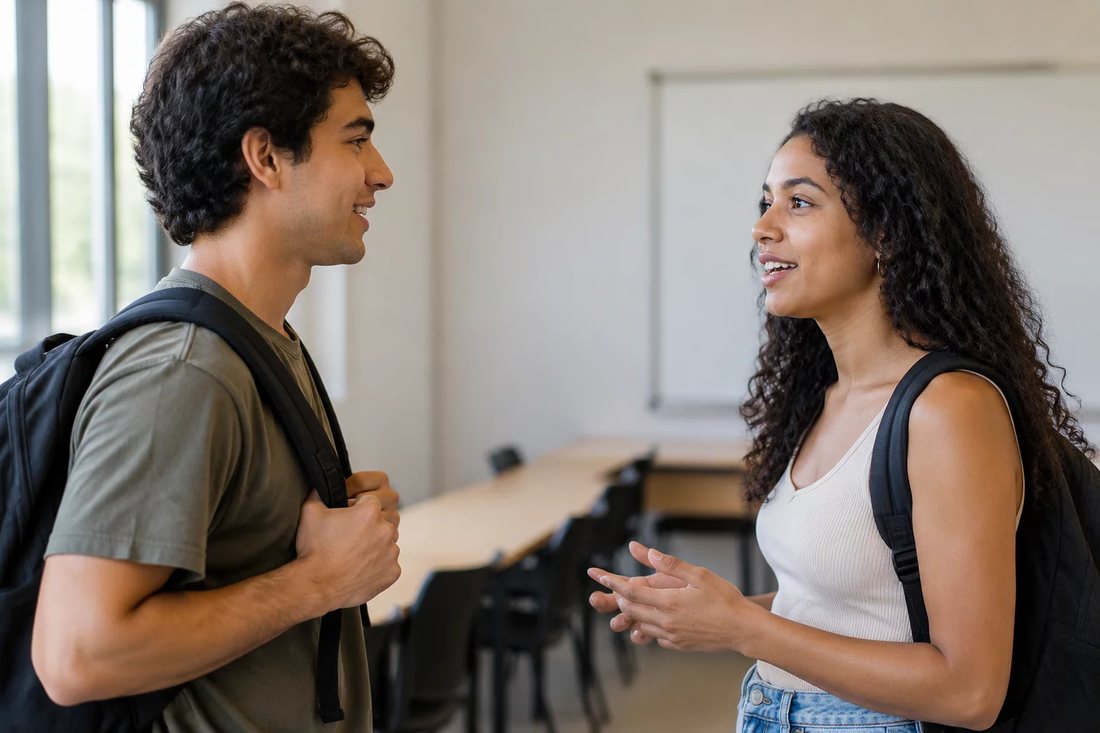 Dois estudantes de mochila continuam a discussão no corredor depois da sessão