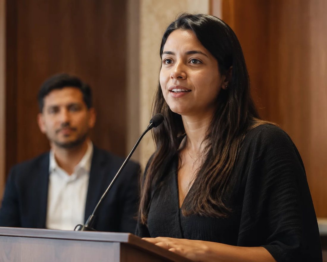 Participante ergue a mão para pedir a palavra numa mesa coberta de folhas anotadas