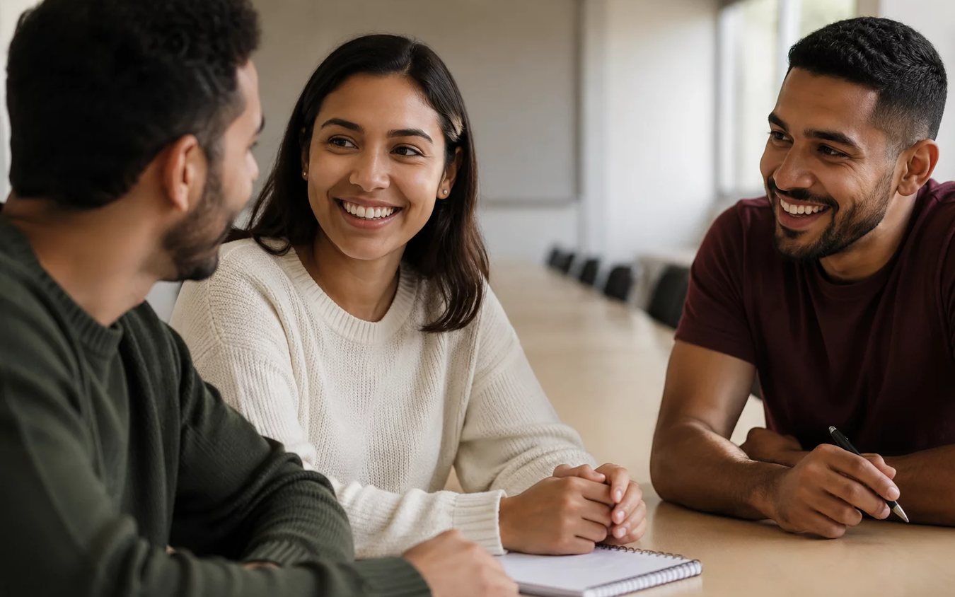 Três participantes conversam ao redor de uma mesa comprida numa sala clara de janelas altas